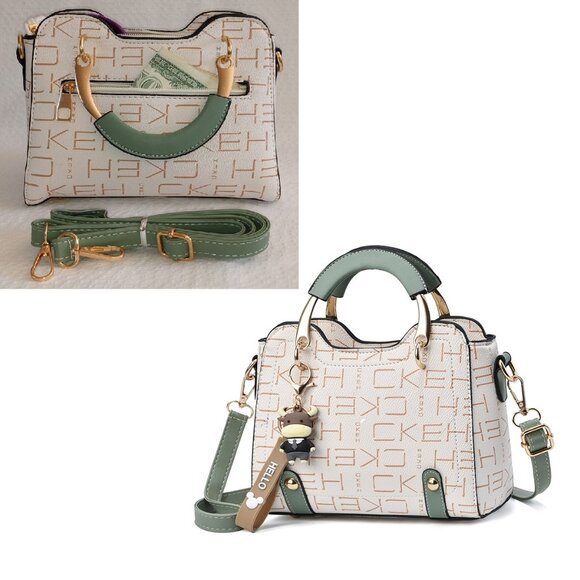 Letter Graphic Design Handbag Green & Beige Bag with Shoulder Strap - Picture 1 of 6